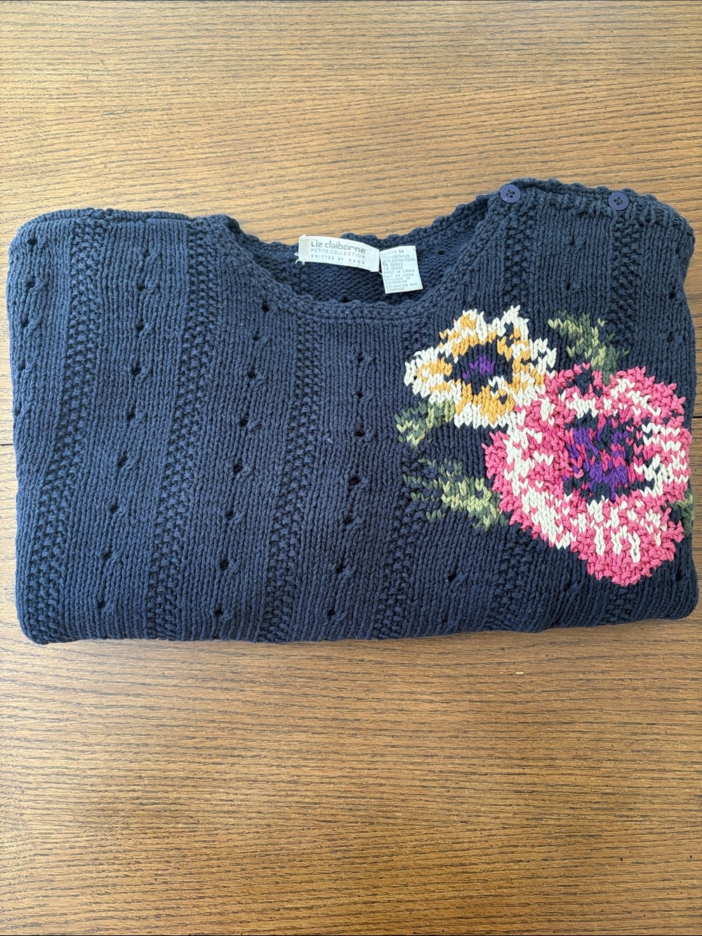 Liz Claiborne Navy Crewneck Sweater with Pink & Yellow Floral Embroidery
